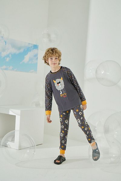 Sevim Boy, Anthracite-Yellow, Cotton, Pajama Set