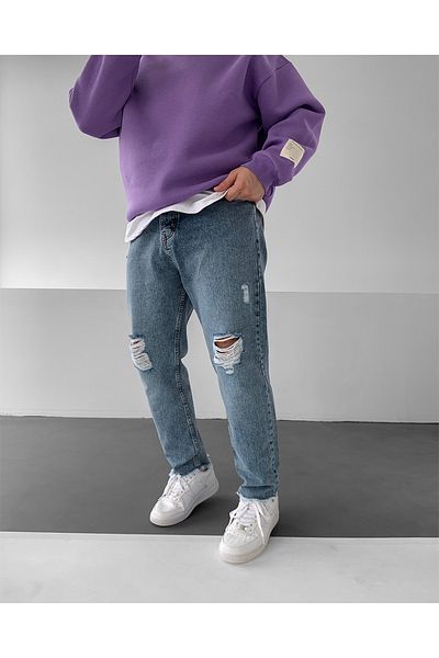 NO1 KONSEPT Pantaloni Boyfriend rupti cu șir albastru