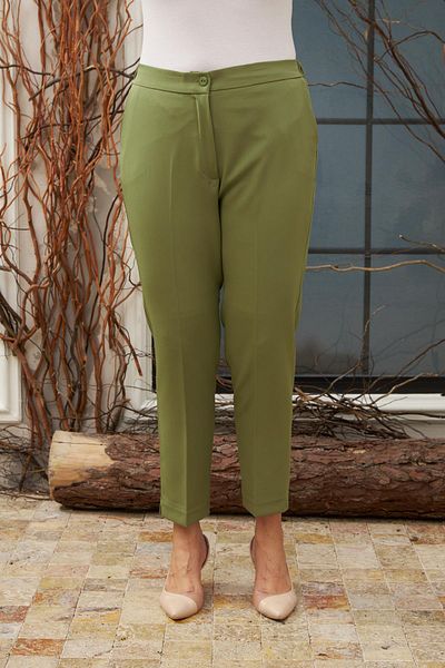 RMG Plus Size Oliv Fabric Trousers with Elastic Waist and Slit Detail