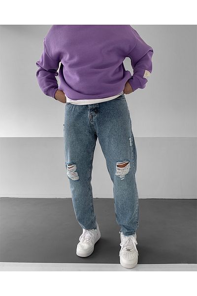 NO1 KONSEPT Pantaloni Boyfriend rupti cu șir albastru