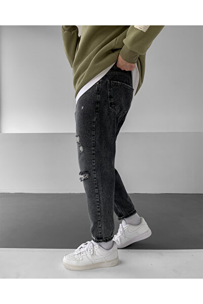 NO1 KONSEPT Anthracite Array Ripped Boyfriend Παντελόνι