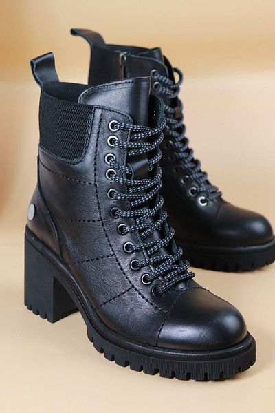 Mammamia - 1710 Black Genuine Leather Short Heeled Women's Boots