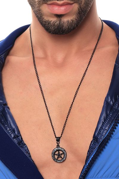 LABALABA Men's Black Oxide Plated Dharma Wheel Icon Necklace