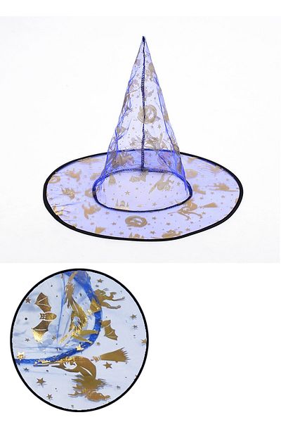 Parti dolabı Halloween Witch Hat Bat Spider Blue GoldPrinted, Αποκριάτικη στολή για ενήλικες και παιδιά