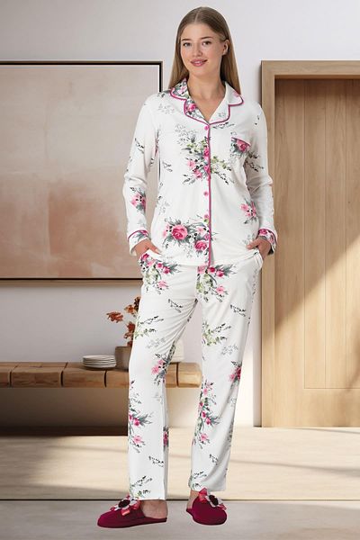 Mecit Pijama Melisa Υφασμάτινο Σετ Γυναικείες Πιτζάμες με κουμπιά 75% Βαμβάκι 20% Βισκόζη 5% Λύκρα