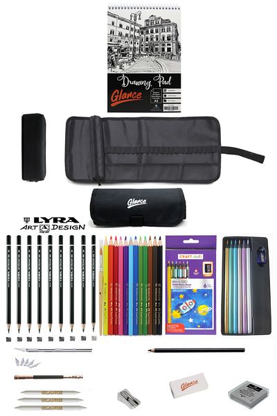 GLANCE Sketchbook Lyra Graduated Craft 6-Piece Jumbo Metallic Dry Color Water Colored Pencil Sketch Set with Bag