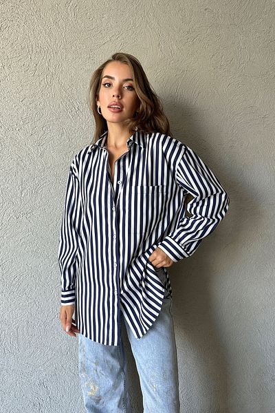 Seda Yalçın Atelier Navy Blue Striped Oversize Pocket Detailed Shirt
