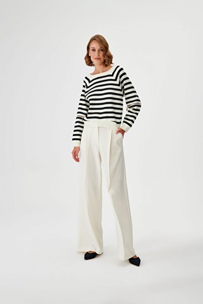 JOIN US Siyah Beyaz Çizgili Fermuar Detaylı Triko Kazak