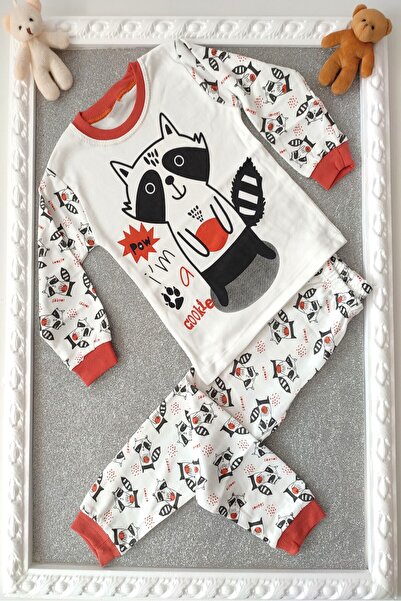dubi baby Unisex dvodelni dečiji pidžama set sa rakunskim uzorkom u boji ekru