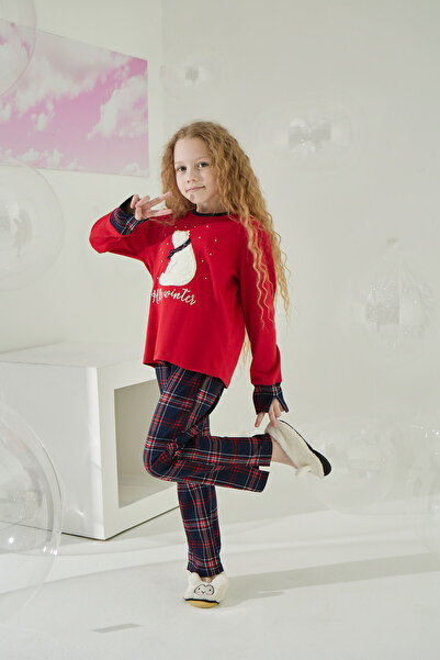 Sevim Момиче, Червен, Зимна тема, Нова година, Кариран, Памучен, Пижамен комплект