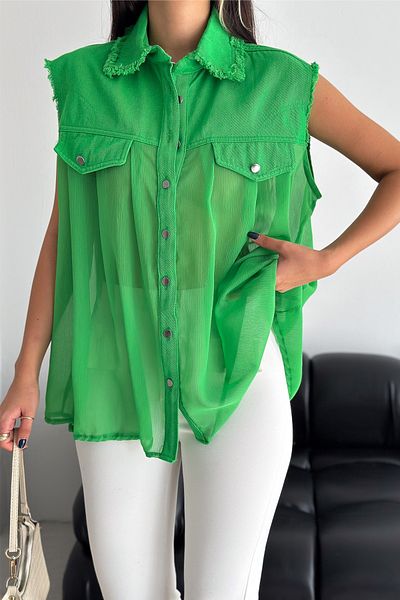 FEMELLE Cămașă din șifon fără mâneci, verde, mărime standard, cu design detaliat