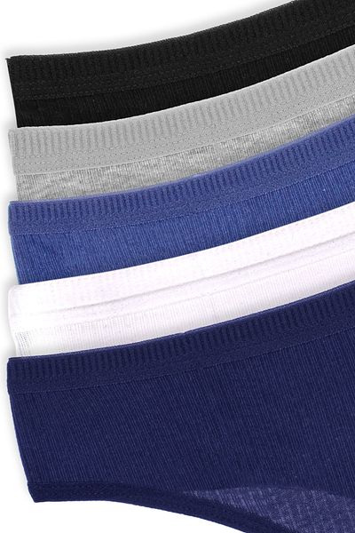 Humaone Pack of 5 Ribbed Special Waist Thong Panties Black, Navy, Indigo, White, Tan