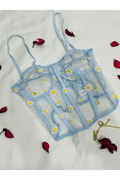 mendoza store Corset bustier cu sârmă cu margarete albastru fără cupă