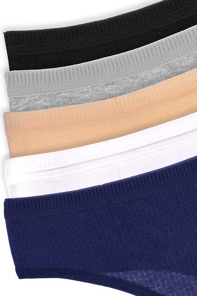 Humaone Pack of 5 Ribbed Special Waist Thong Panties Black, White, Gray, Skin, Navy Blue