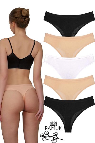 Humaone Pack of 5 Corded 100% Cotton Thong Panties Black, White, Tan