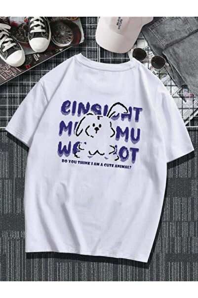 Genel Markalar Cute Animal Sırt Baskılı Beyaz Unisex Oversize T-shirt