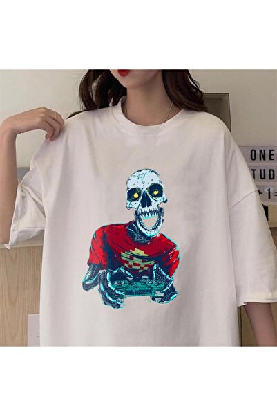 VişneliWears Gamer Skull Printed White Unisex Oversize T-shirt