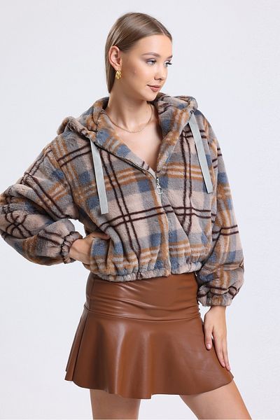 MD trend Women's Orange Plaid Patterned Zippered Hooded Crop Plush Fur Coat