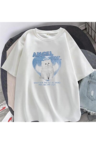 VişneliWears White Unisex Oversize T-shirt - Angel Cat Printed