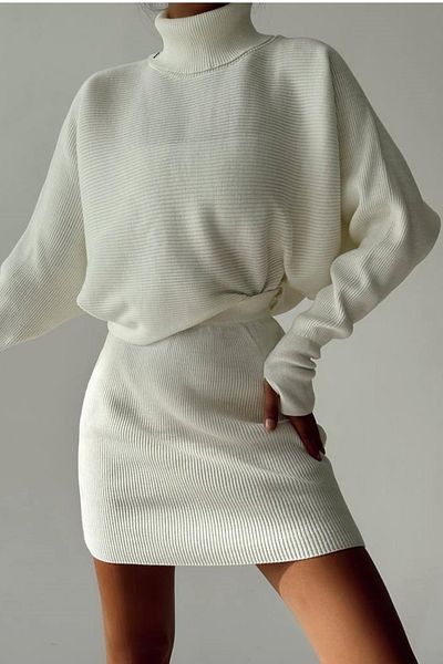 bayansepeti Women's Embroidered Turtleneck Design White Sweater and High Waist White Knitwear Skirt Double Suit 075