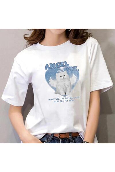 VişneliWears White Unisex Oversize T-shirt - Angel Cat Printed
