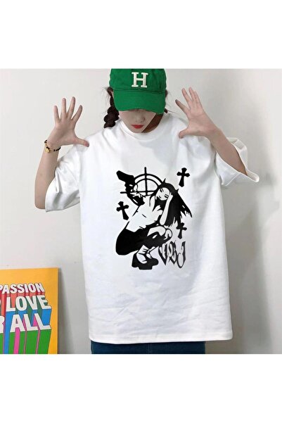 Genel Markalar Killer Devil Girl Baskılı Beyaz Unisex Oversize T-shirt