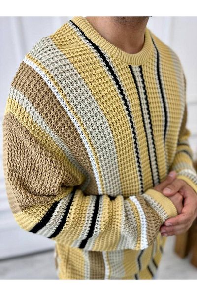 elkumoda Χαλαρό oversized πλεκτό πουλόβερ σε φυσικό βαμβάκι με χρωματιστό σχέδιο.
