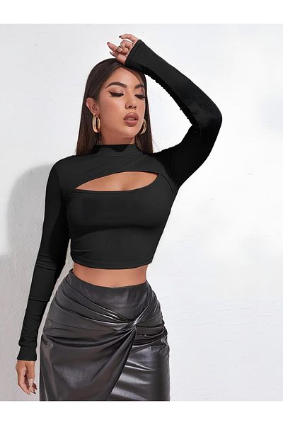 Asfa Moda Γυναικεία μακρυμάνικη μπλούζα με γιακά με λεπτομέρεια παραθύρου