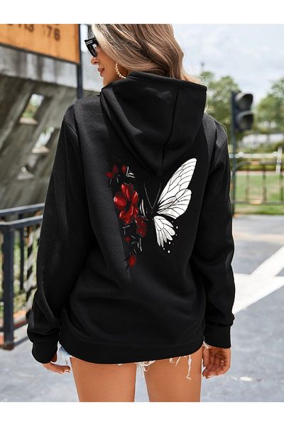 DEEPSENCE Women's Black Hooded Oversize Sweatshirt Butterfly Rose Back Printed
