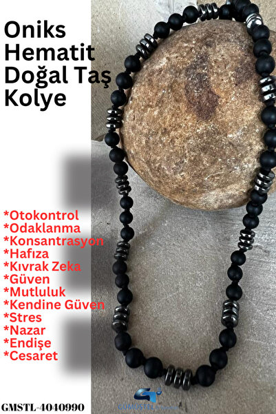 GÜMÜŞTEL EL SANATLARI Sertifikalı Doğal Taş Oniks Hematit Erkek Kolye