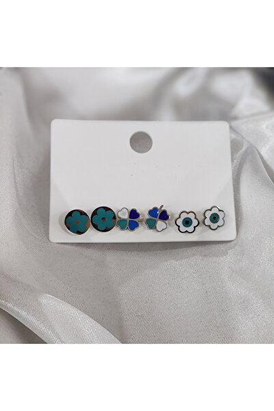 Aylish Bijuteri Gümüş 6lı Yonca Çiçek Beyaz -Mavi Çelik Küpe