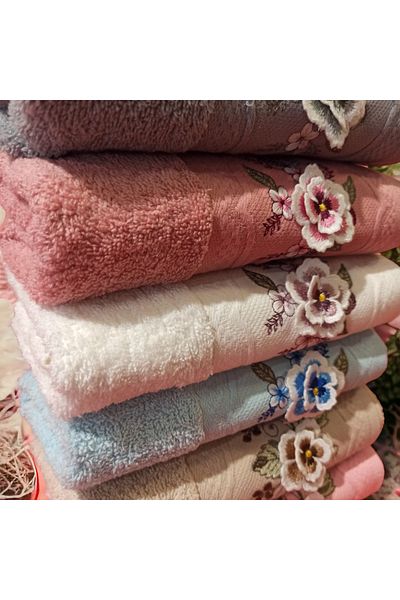 ŞENER HOME Set of 6 3D Embroidered Curly Violet Detailed Colored 50X90 Hand and Face Towels