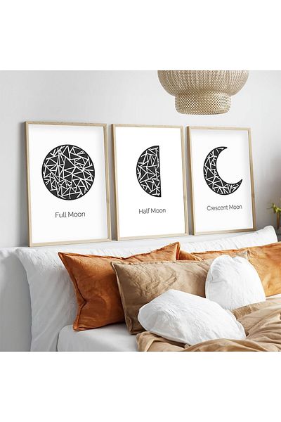 huhuli Pictură din 3 piese Moon Loops cu cadru din lemn huhu225