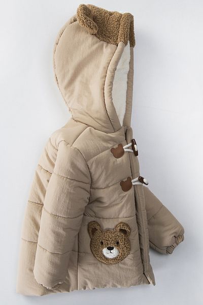 PODIUM GYM Trendy New Cute Bear Figured Zipper & Shepherd's Button Winter Ear Detailed Hooded Winter Coat