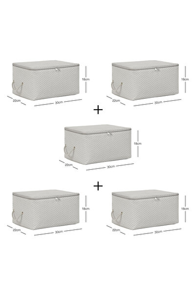 Ocean Home Textile 5 Adet Küçük Boy Gri Balıksırtı Baza Altı Valiz Düzenleyici Hurç 30x22x18