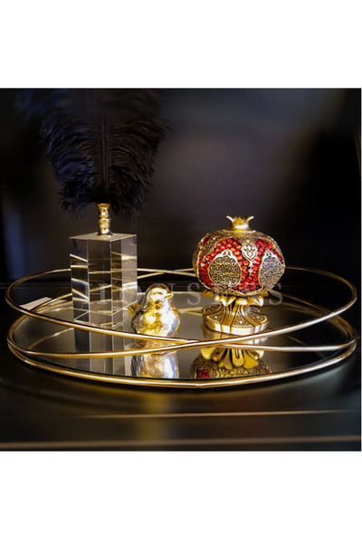 Housess Dekoratif Aynalı Metal Sunum Tepsisi Alyans Elips Tepsi 26 cm X 38 cm