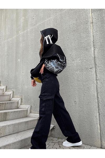 Planet Butik Spider Web Full Zip Black Oversize Hoodie