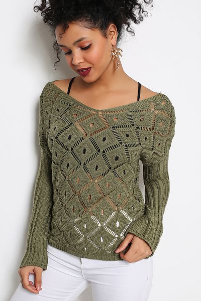 AVORWE Front Back V Neck Graphic Openwork Seasonal Knitwear Sweater