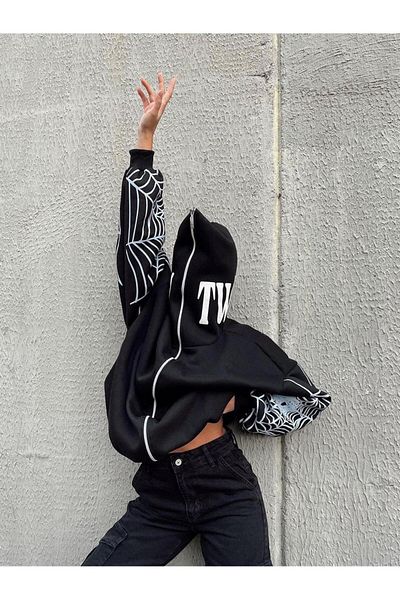 Planet Butik Spider Web Full Zip Black Oversize Hoodie