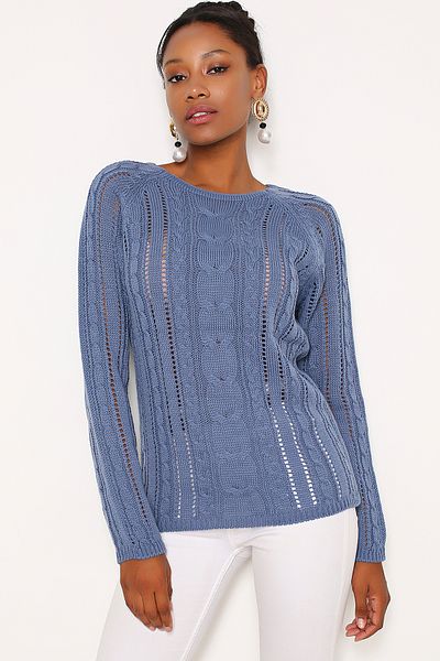 AVORWE Pulover din tricot ajurat cu decolteu rotund