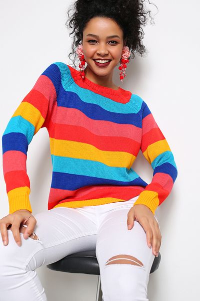 AVORWE Boat Neck Color Block Long Sleeve Knitwear Sweater