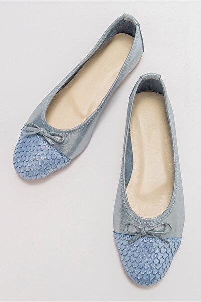 LuviShoes 02 Balerina de damă din piele naturală cu sclipici albastru