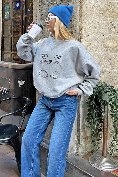 Surprise tekstil Γκρι φούτερ unisex με στάμπα γάτας