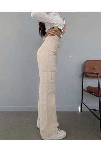 LİMABEL Women Beige High Waist Wide Leg Cargo Jeans Pants