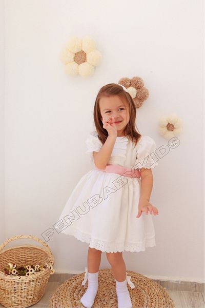 penu baby kids White Pink Bow Short Sleeve Dress Baby Girl Dress