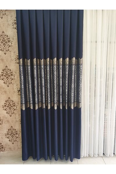 lüks House Luxury Navy Blue Panel Background Curtain Tight Pleat Single Wing