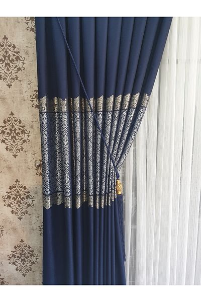 lüks House Luxury Navy Blue Panel Background Curtain Tight Pleat Single Wing