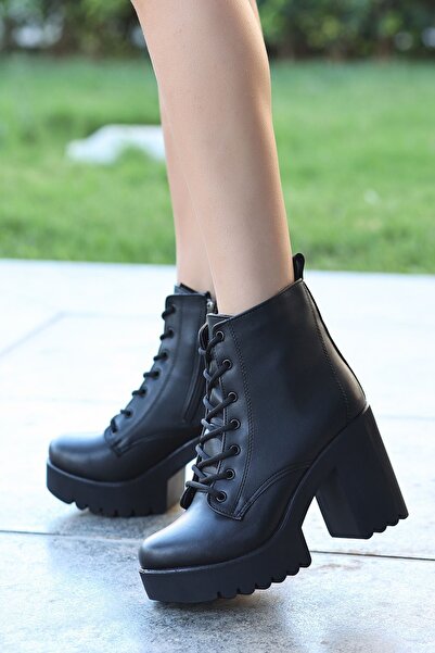 LEYDİ SHOES Melisa Platform Черевики з шнурівкою та бічною блискавкою, чорні, жіночі