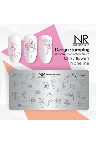 Nail Republic Stamping Plaka 3005 – Tek Çizgide Çiçek Desenli Nail Art Damgal...