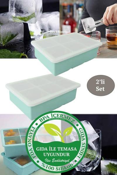 İLES قالب ثلج سيليكون Xxl كبير الحجم 6 مكعبات بغطاء، أخضر 2 قطعة